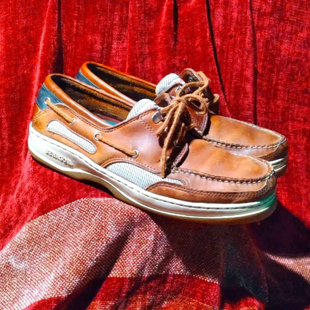 Mens brown tan and green leather Sebago Docksides size 9